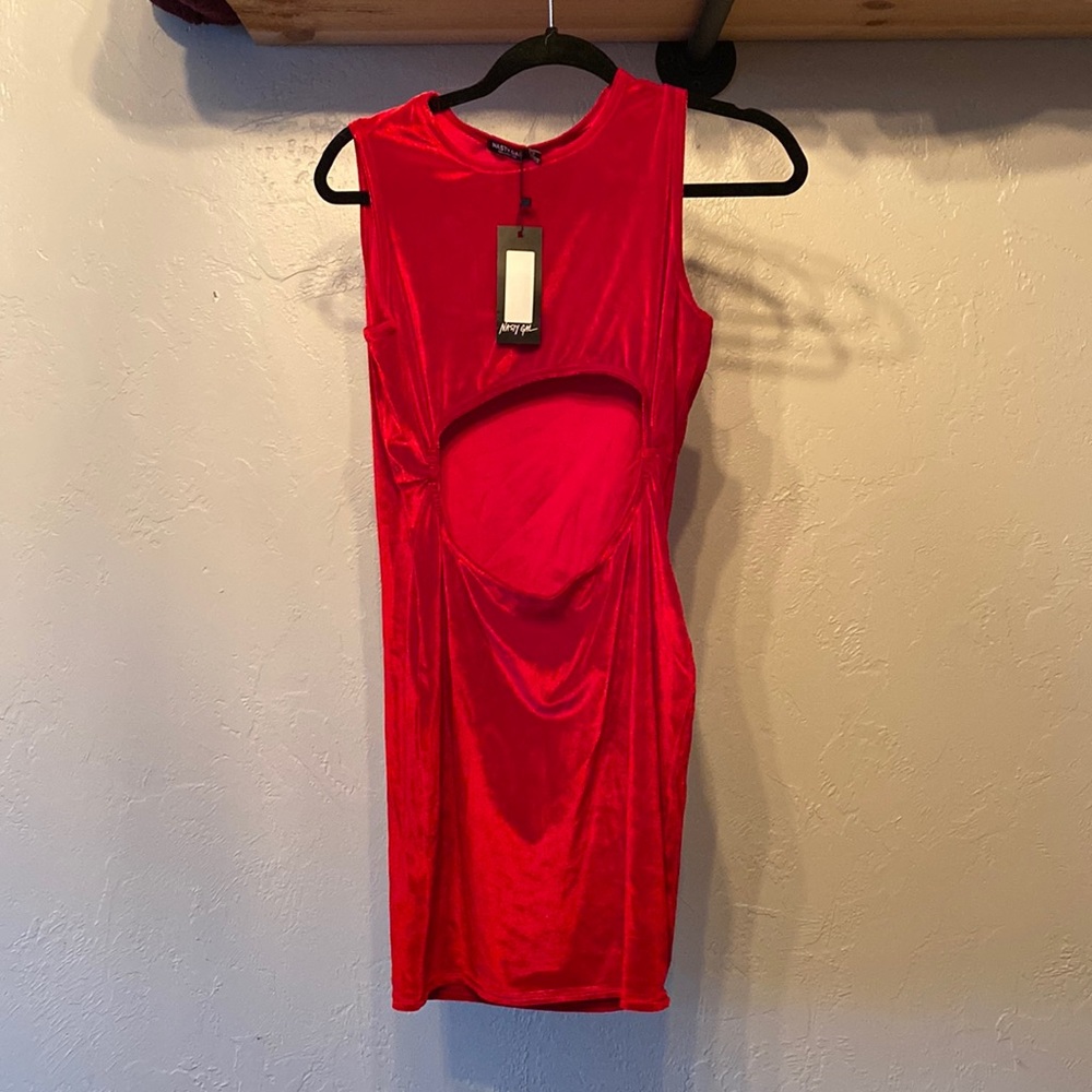 Open front red velvet dress